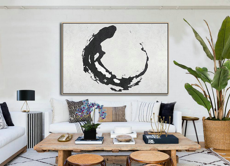 Hand Painted Original Art,Oversized Horizontal Minimalist Abstract Art On Canvas, Black And White Minimalist Painting - Handmade Acrylic Painting